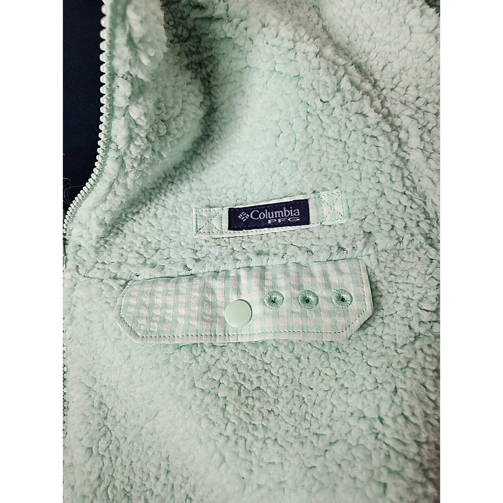 Columbia PFG Women's Mint Green Sherpa Gingham Full Zip Puffy Jacket Size S EUC